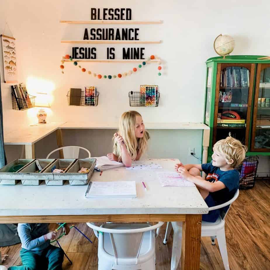 Homeschool kids desks  Homeschool room design, Built in desk